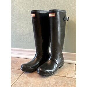 Hunter Gloss Black Tall Rain Boots, Original Back Adjust Unisex US 5M/6F